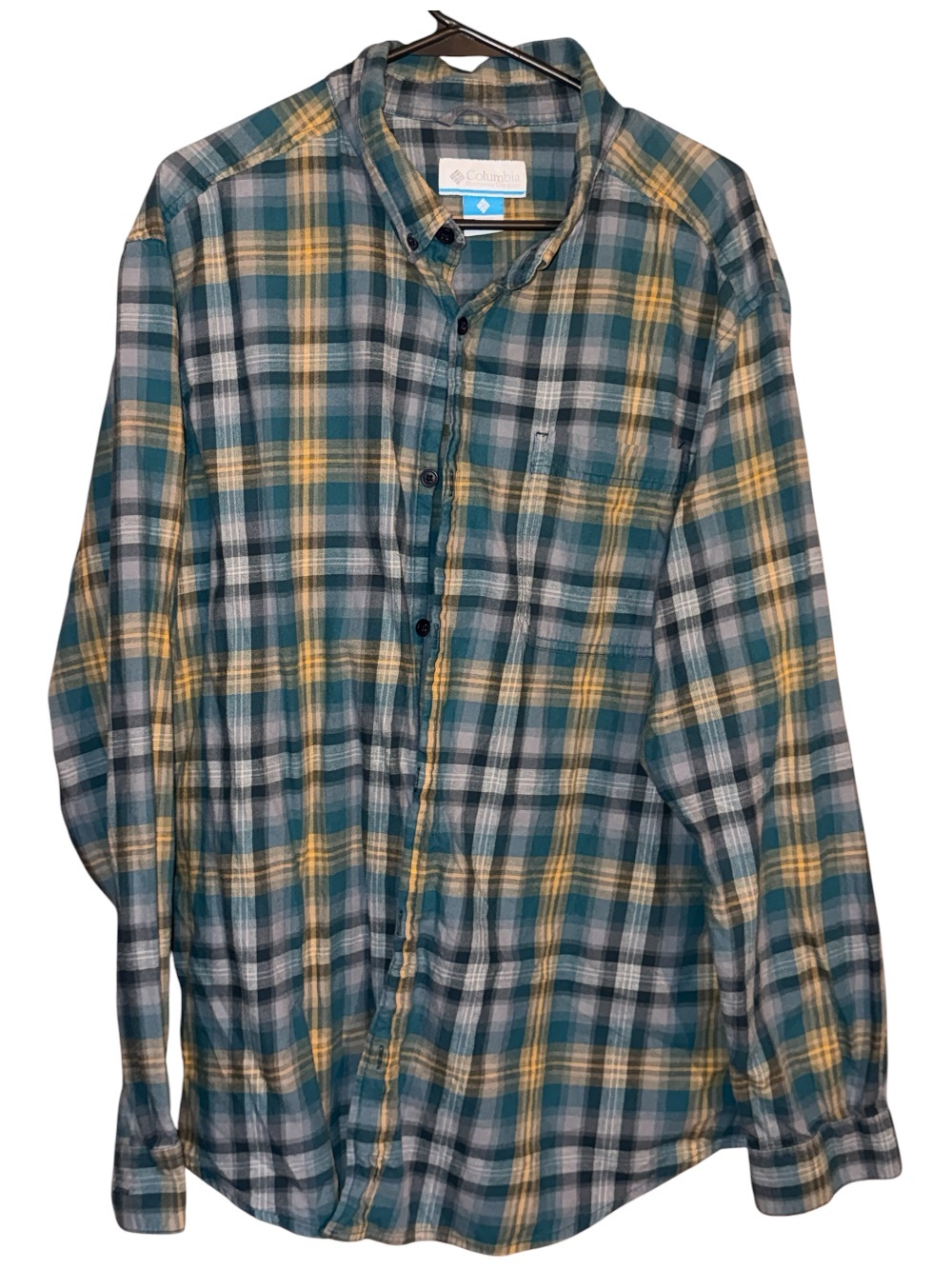 Columbia Teal and Yellow Plaid Long-Sleeve Button-Down Shirt